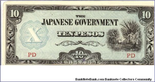 P-108b Block letters PD Philippine 10 Pesos note under Japan rule. Has overprint on reverse. Banknote