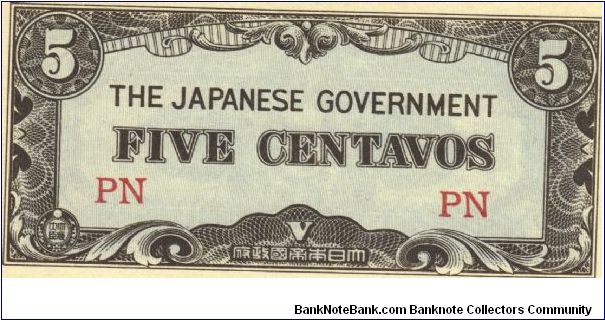 P-103a, 2 Block letters PN, Philippine 5 Centavos note under Japan rule. Banknote