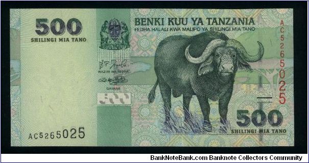 500 Shilingi.

Water buffalo at center right on face; hospital at center, boats in background on back.

Pick #35 Banknote