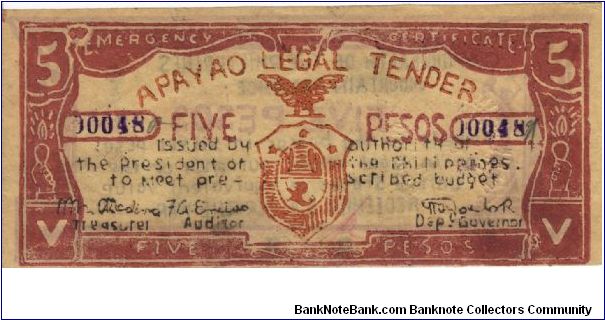 S-114a Rare low consecutive numbered Apayao 5 Pesos note, 1 - 2. Banknote