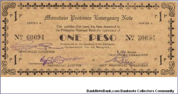 S-601 Rare series of 3 consecutive numbered Mountain Province Emergency notes, 1 - 3. Banknote