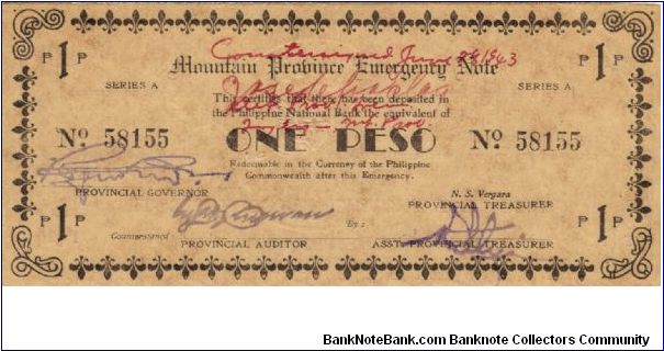 S-601 Super Rare series of 5 consecutive numbered Mountain Province Emergency Notes with red countersign signatures, 4 - 5. Banknote