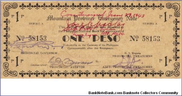 S-601 Super Rare series of 5 consecutive numbered Mountain Province Emergency Notes with red countersign signatures, 2 - 5. Banknote