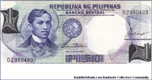 PI-139Republika Ng Pilipinas 1 Peso note with signature variety #7. Banknote