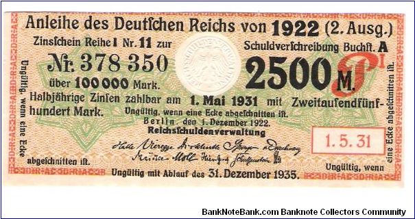 1922 2500 Mark / 1-5-31
Bond Coupon Banknote