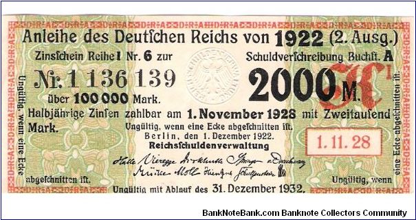1922 german Bond coupon for 2000 Mark
Nr 1 136 139 Banknote