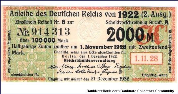 1922 german Bond Coupon for 2000 Mark Nr 914 313 Banknote