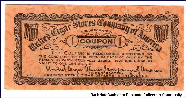 1 coupon United Cigar Stores Company of America Banknote