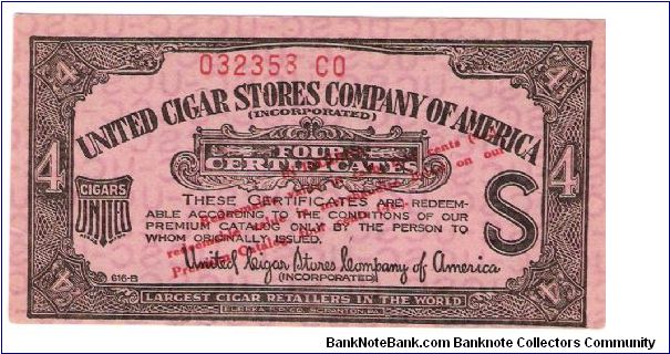 United Cigar Stores of America
4 Coupons
#3032353 CO

These all HAve Water MArks Banknote