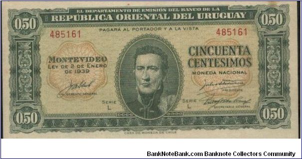 Dated 2 November 1939, Republica Oriental Del Uruguay. Printed by Casa De Moneda De Chile Banknote