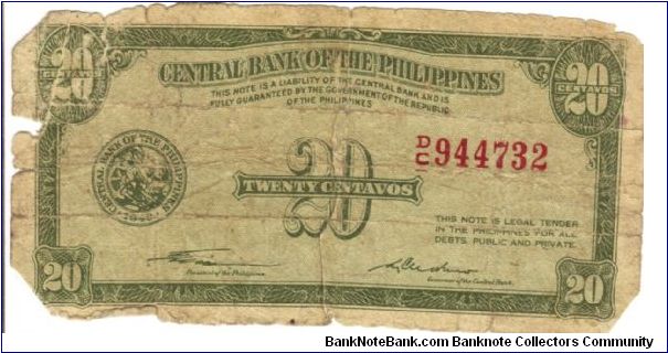 PI-129a Philippine English series 20 centavos note, signature 1. Banknote