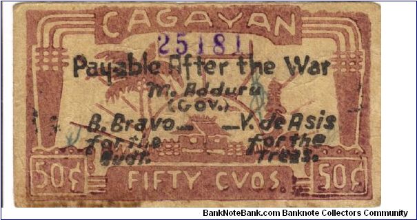 S-185a Rare unlisted Cagayan 50 centavos note with upside down reverse. Banknote
