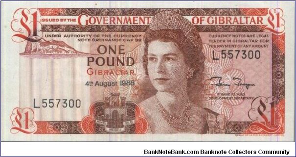 1 Pound, Government of Gibraltar, dated 4 August 1988. Pinted by Thomas De La Rue Co, Ltd. Banknote