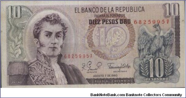 10 Pesos 7.8.1980 El Banco De La Republica. Bugota, Colombia. (O)General Antonio Nariño(R) San Agustin. Banknote