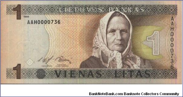 A Series 1 Litas No:AAH0000736,Lietuvas Bankas  Obverse:Zemaite Reserve:Old church
Security Thread:Yes Banknote