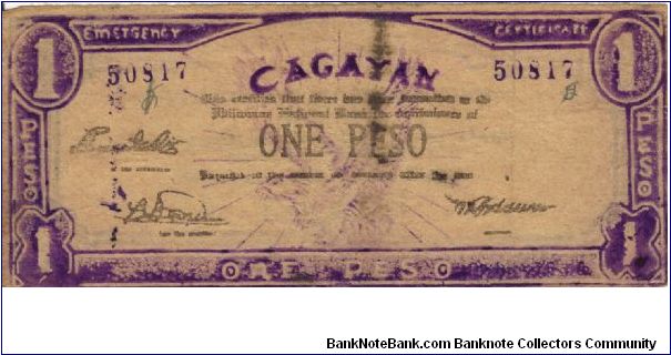 S-187 Rare Cagayan 1 Peso note with Peso mis-spelled error on reverse, top right spelled Ceso Banknote