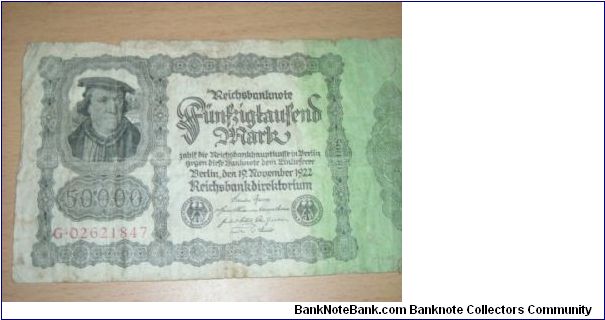50,000 Reichsmarks, from inflation period. Issued 19 November 1922 Banknote