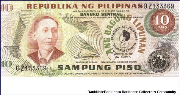 PI-167a Republika Ng Pilipinas 10 Pesos note. Banknote