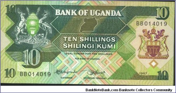 Uganda 10shs note
Green. Banknote