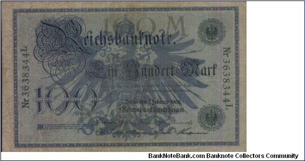 100 Mark. Berlin, 7 February 1908. Reich Bank Note with series no: Nr 3638344L.OFFER VIA EMAIL. Banknote