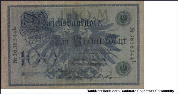 100 Mark. Berlin, 7 February 1908. Reich Bank Note with series no: Nr 3638344L.OFFER VIA EMAIL. Banknote