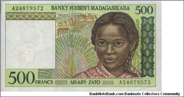 A series, 500 Francs. Banky Foilen'I Madagasikara. Multicolour Note with Zebus Girl. Banknote