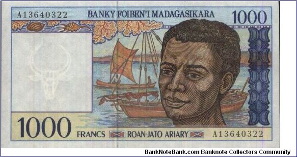 A Series with no:A13640322

1000 Francs
Banky Foiben'I Madagasikara 

Obverse:Sailboats 

Reverse:Fishing

Watermark:Yes

BID VIA EMAIL Banknote