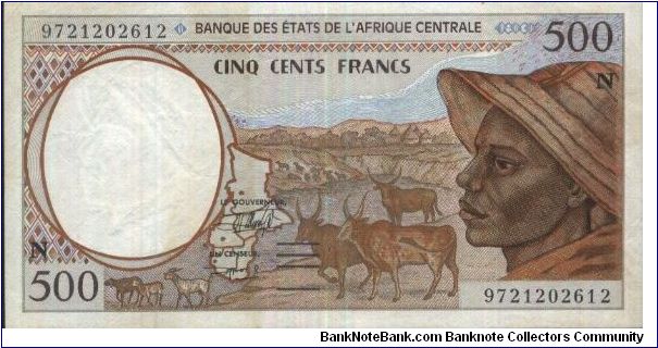 500 Francs. 

Obverse:Map of Central African States,Shepherd & zebus 

Reverse:Kota Mask, Antelopes & baobab

Watermark:Yes

Size:140x75mm

Control letters for C.A.S. countries banknotes 1993-2002

BID VIA EMAIL Banknote