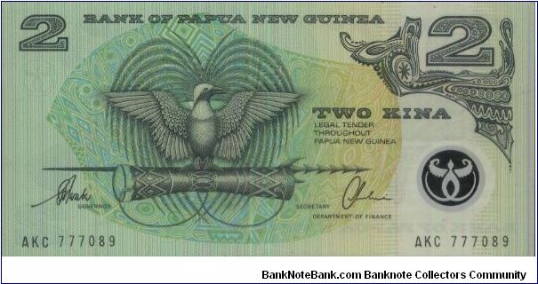 A Series No :AKC777089
2 Kina
Dated 1996
Bank Of Papua New Guinea. 
Polymer Notes. Obverse:Bird of Paradise Reverse:Artifacts Banknote