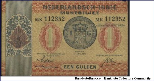 NEDERLANDSCH-INDIE, BATAVIA 15 JUNE 1940. SIGNED BY DR.G.G.V.B. WICHERS & DR.R.E.SMITS,L.GOTZEN.(O)1 GULDEN COIN ,(R)BUDDHIST DOMES AT BOROBUDUR TEMPLE. PRINTED BY G KOLFF AND CO. 120X75MM. Banknote