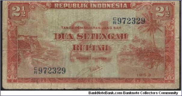 21/2 RUPIAH. LANDSCAPE II SERIES SIGNED BY DRS.SOEMITRO DJOJOHADIKOESOEMO.(O)STEP COAST AND PALM TREES (R)INDONESIA ARMS GARUDA PANCASILA. PRINTED BY SECURITY BANKNOTE COMPANY. 126X65MM Banknote