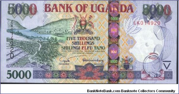 5000 shs Note Uganda. Blue. Banknote