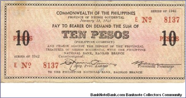 S-639 Negros Occidental 10 Pesos note. Banknote