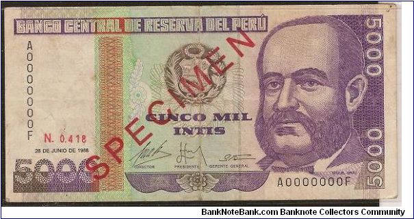 5000 Intis Inflation money banknote specimen. Banknote