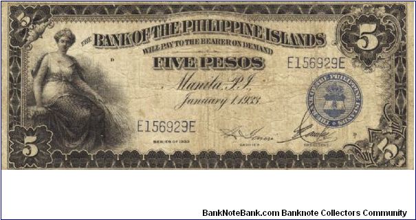 PI-22 Bank of the Philippine Islands 5 Pesos note. Will trade this note for Philippine notes I don't have. Banknote