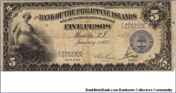 PI-22 Bank of the Philippine Islands 5 Pesos note. Will trade this note for Philippine notes I don't have. Banknote