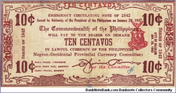 S-643b Negros Occidental 10 Centavos note. Will trade this note for Philippine notes I don't have. Banknote