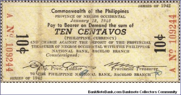 S-631 Negros Occidental 10 Centavos note. Will trade this note for Philippine notes I don't have. Banknote