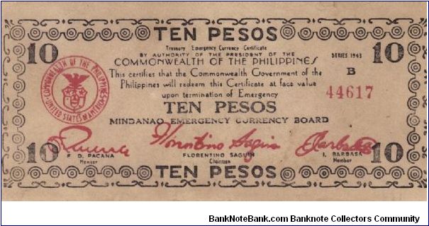 S-488b Mindanao 10 Pesos note. Will trade this note for Philippine notes I don't have. Banknote
