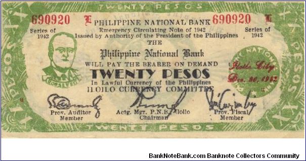 S-318a Iloilo 20 Pesos note. Will trade this note for Philippine notes I don't have. Banknote