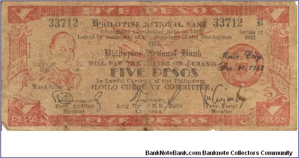 S-316 Iloilo 5 Pesos note. Will trade this note for Philippine notes I don't have. Banknote