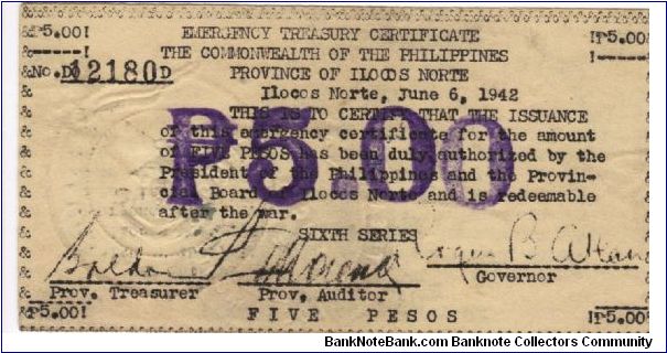 S-295a Ilocos 5 Pesos note. Will trade this note for Philippine notes I don't have. Banknote