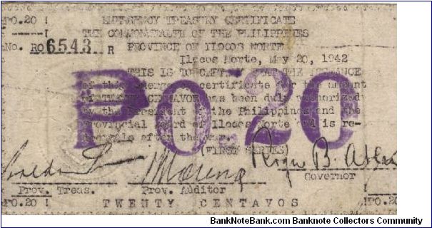 S-292 Ilocos 20 Centavos note. Will trade this note for Philippine notes I don't have. Banknote