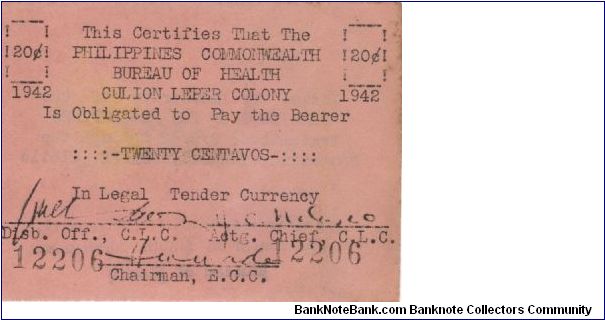 S-253 Culon Leper Colony 20 Centavos note. Will trade this note for Philippine notes I don't have. Banknote