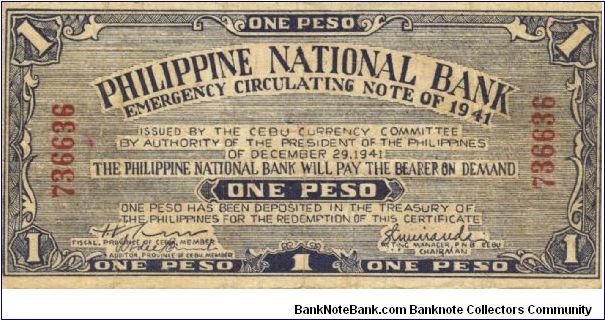 S-215 Cebu 1 Peso note. Will trade this note for Philippine notes I don't have. Banknote