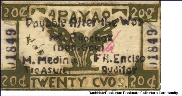 S-105 Apayao 20 Centavos note. Will trade this note for Philippine notes I don't have. Banknote