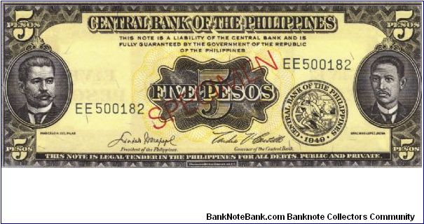 PI-135 Philippine 5 Pesos Specimen note. Rare De-La-Rue printer. Banknote