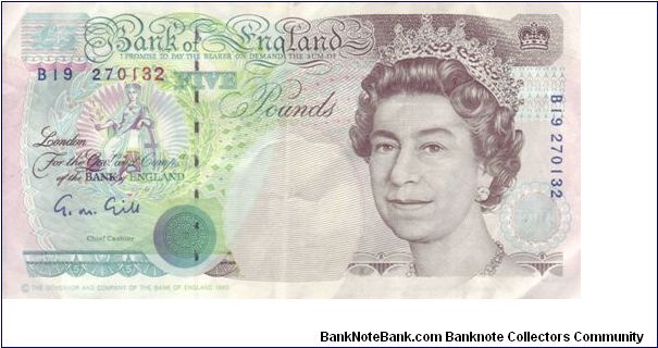 Series E, £5 George Stephenson. 
Circulated, earlier type with slight differences to later versions, see if you can spot them Banknote