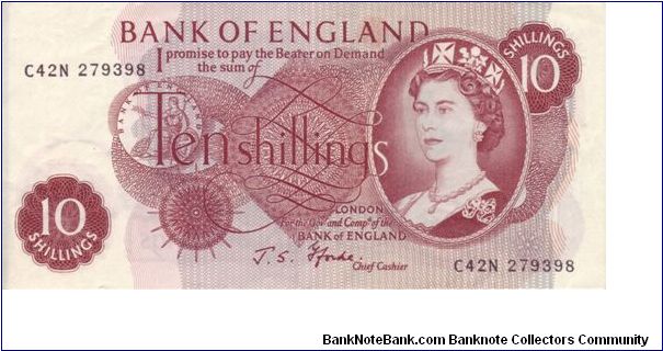 Series C 10 Shilling Note.

Chief Cashier J.S.Fforde (1966-1970).  

There was never a Series B 10 Shilling Banknote issued as the designer had passed away before the designs were completed Banknote