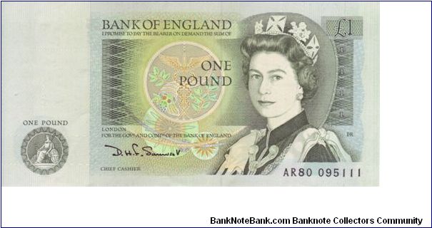 Series D £1 Note.

Chief Cashier D.H.F.Somerset(1980-1988).

Sir Isaac Newton is on the back of this note.

This is the last design of the £1 note.  A coin was introduced in 1983 & the banknote was de-monetised on 11th March 1988 at midnight Banknote